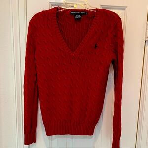 Ralph Lauren Sport Red Cable Knit V-Neck Sweater